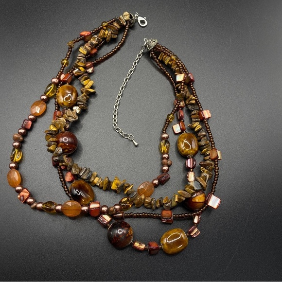 Boho Tigereye Stone Chips Glass Beads Shells Multistrand Brown Tones Necklace - Picture 4 of 8